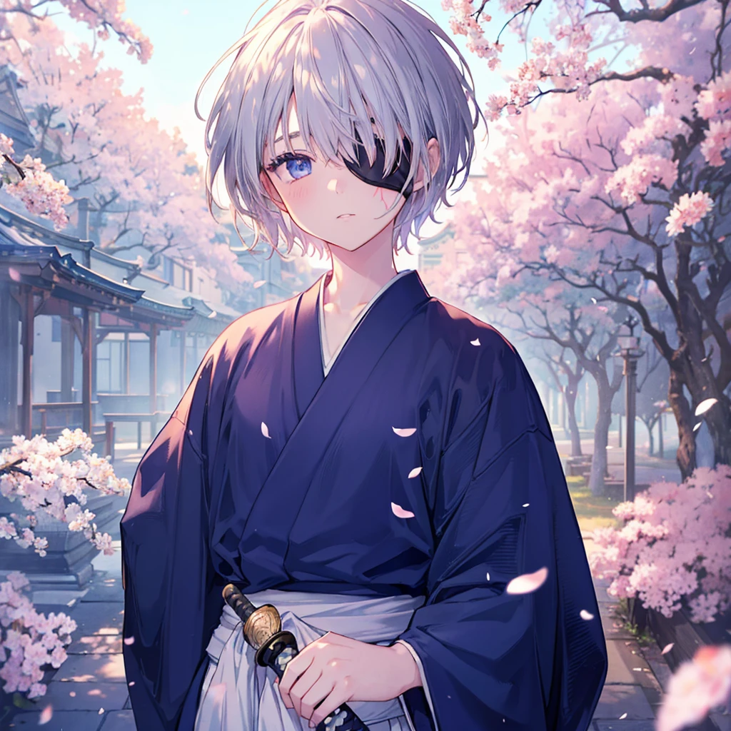 (((1 person　Gray Hair)))　((((Eye patch))))　(((High resolution　short hair　Black kimono)))　((Shoulder　Rin々Funny face　Holding the sheath and preparing the sword))　((Black Band　samurai　Lonely　despair　blue eyes　Pull camera))　((Blue Butterfly　night　Japanese style　old　Cherry Blossom Garden　water surface　Catch the wind　Scattering cherry blossom petals))　((Japanese sword　Two-Way　Slashing　Bathed in light))　((Sword Reflection　Pink light))　月night　moonlight　star　Draw your sword　Shining Background　Shining Edge