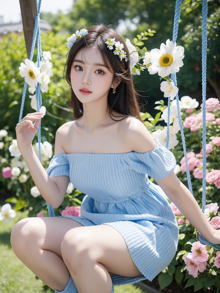 Beautiful woman wearing a blue white mini dress with decorations on the shirt and visible shoulders and wearing boots and being photographed with a white background And he was on a swing in the middle of a garden filled with beautiful flowers  , Korean style swag, beautiful face so gorgeous, Beautiful eyes, y2k style
