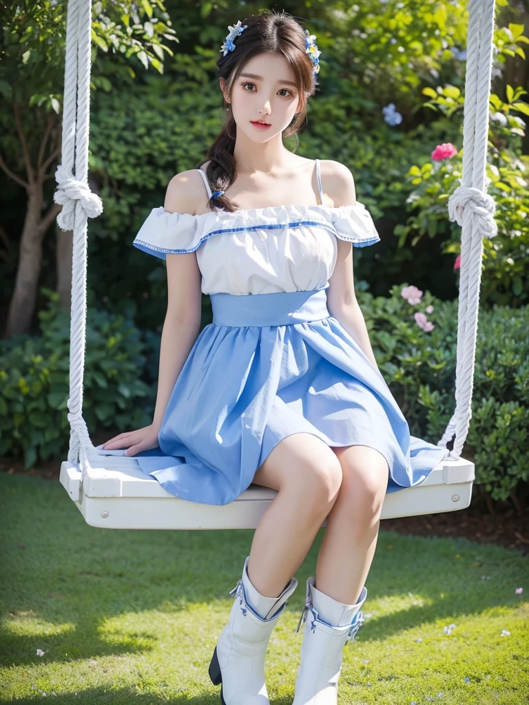 Beautiful woman wearing a blue white mini dress with decorations on the shirt and visible shoulders and wearing boots and being photographed with a white background And he was on a swing in the middle of a garden filled with beautiful flowers  , Korean style swag, beautiful face so gorgeous, Beautiful eyes, y2k style