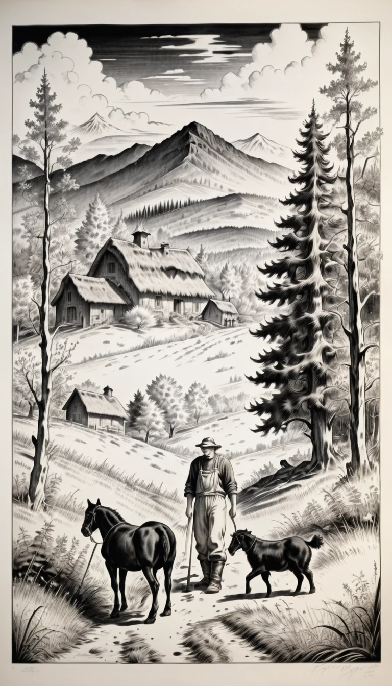 Farmer with a horse, a sheep, a dog, Forest and mountains in the background, black ink 