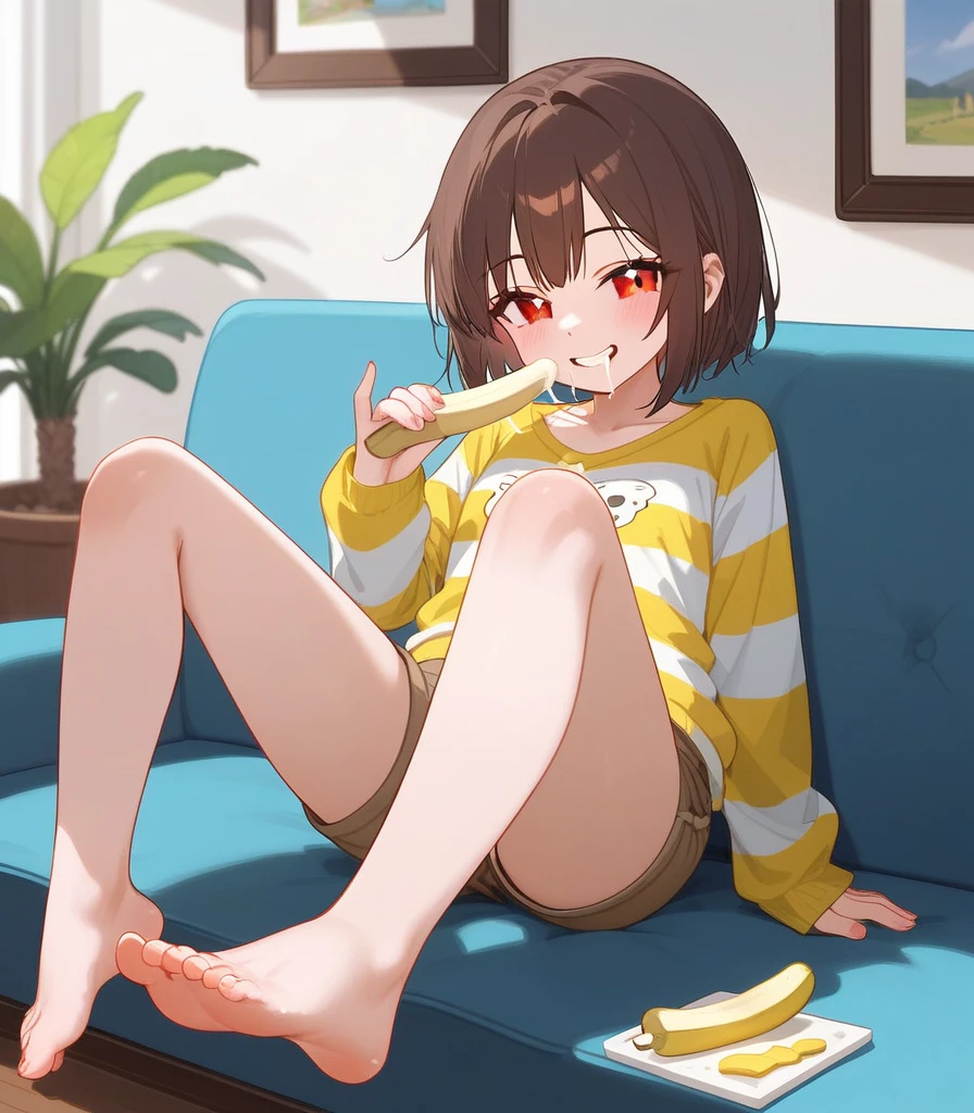 Fraction_9,Fraction_8_direction_7_up, 《undertale》Chara in, Grin, White Teeth, Red Eyes, White sclera, Wearing a green and yellow striped shirt, Brown shorts, Sitting on the sofa, In the living room, Cross your legs, barefoot, 5 toes, paw,(masterpiece, best quality: 1.2),Sexy eyes,Head close-up,Moist and sexy lips,A lot of saliva ,eating banana,Semen.