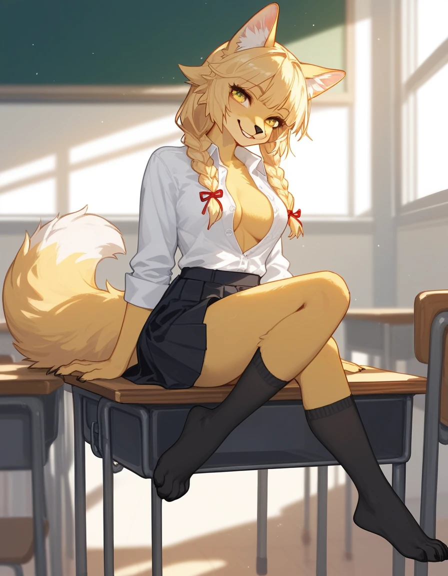 Score_9, score_8_up, score_7_up, Kimiko, An Anthro furry fox girl, yellow furry body, yellow fox tail, yellow eyes, black nose, blonde hair, braided hair with two braids, wearing unbuttoned white dress shirt, short black skirt, thigh high black socks with exposed toes, 4 toes, she is sitting on a desk, grinning, smiling devilishly, in a classroom