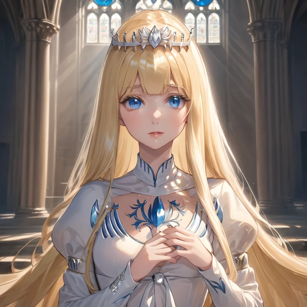 ultra-detailed,(best quality),((masterpiece)),(highres), original,,, zoom layer, looking at the viewer,holding the flower, upper body, ,1girl, solo, Calca, Calca Bessarez, blonde hair, (extremely long hair:1.3), very long hair, white tiara, white dress, blue eyes, medium chest, extremely long hair, medium breast, indoor, stained glass, in the cathedral, perfect light