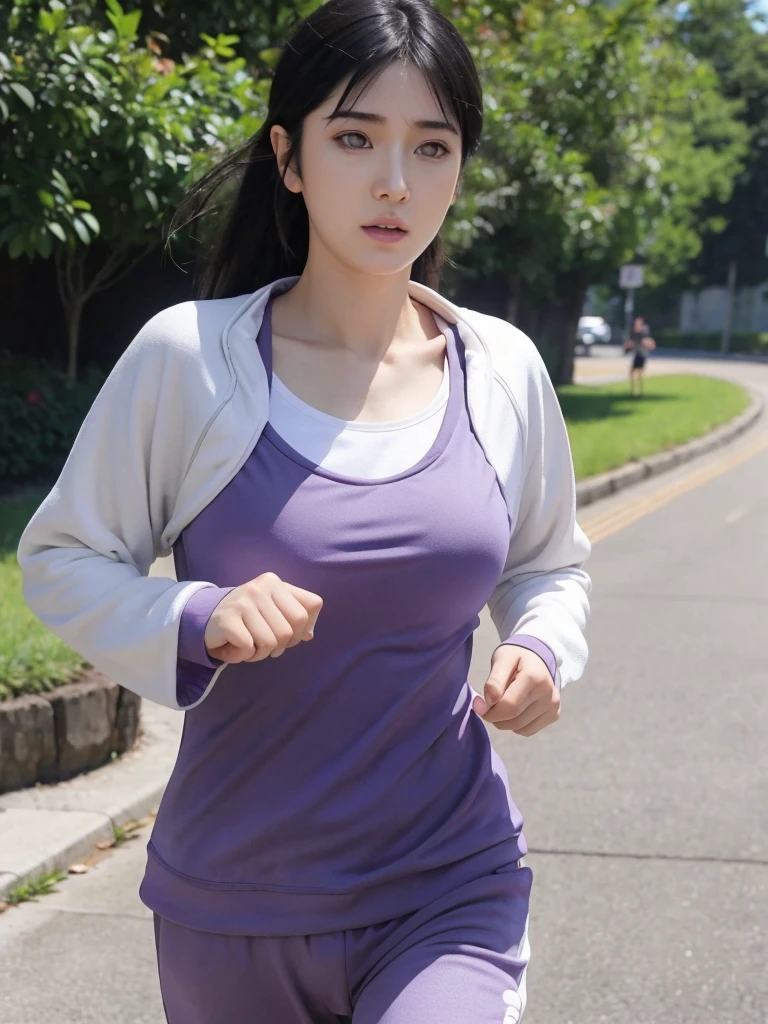 Masterpiece, textured skin, super detail, high detail, high quality, best quality, 1080p, 16k,  big breast, ((jogging))  adult. Hinata hyuga . outfit jogging. Hinata jogging