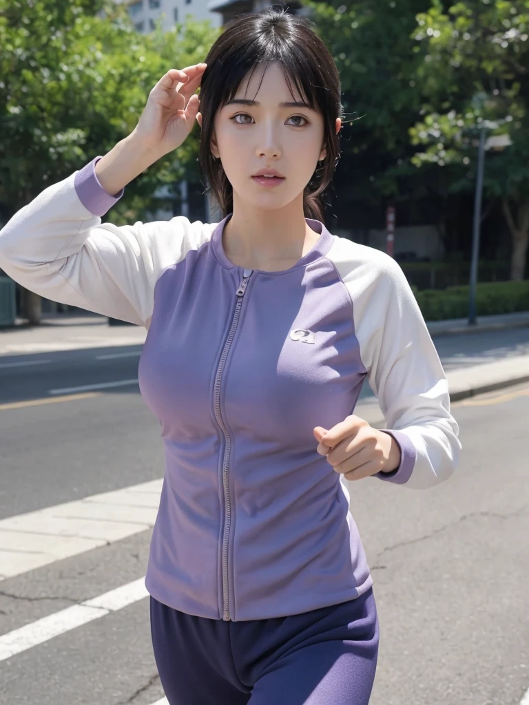 Masterpiece, textured skin, super detail, high detail, high quality, best quality, 1080p, 16k,  big breast, ((jogging))  adult. Hinata hyuga . outfit jogging. Hinata jogging