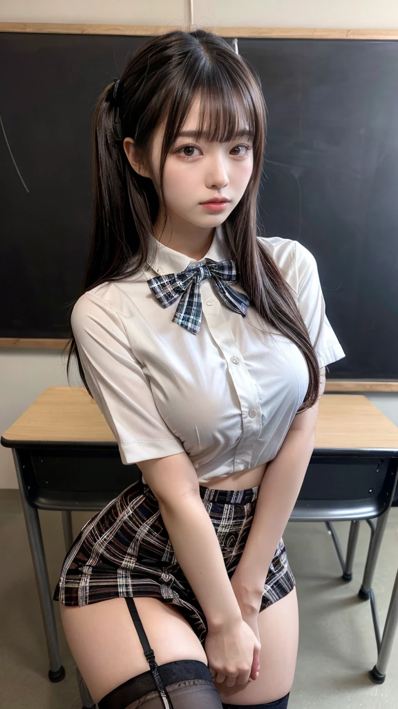 masterpiece, best quality, illustration, Super detailed, fine details, High resolution, 8K,wall paper, perfect dynamic composition,(Details High quality, realistic depiction of eyes:1.3), (white school shirt :1.2), (plaid skirt :1.3), tie black, black thigh-high stockings, sitting, open legs, ponytail, in a classroom, blackboard in the background, deep on field, large breasts, black hair color, Big Natural Color Lip, (perfect body shape), crying a little、Harajuku style、20 year old girl、cute type、ta、beautiful legs, Gravure Idol