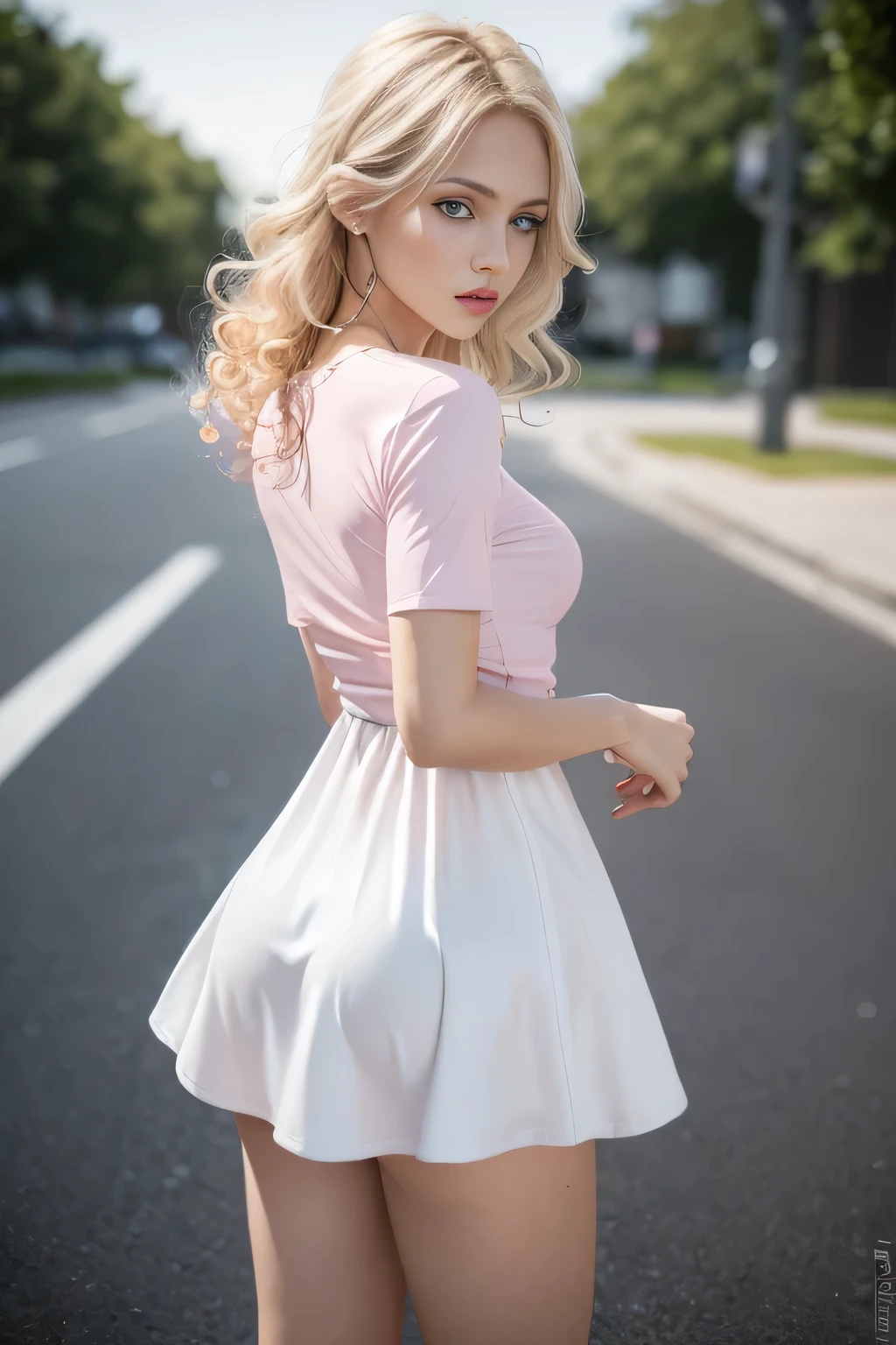 Aggressive thief and her,Mini white dress in the wind,40,000, photography, masterpiece, best quality, Dark gray background, behind, SFW, (1girl blue eyes and blonde hair soon curly), Ass until waiting to be worn, (Half shirt aberta_Full set of clothing: 1.3), (pink Full set of clothing: 1.3).
