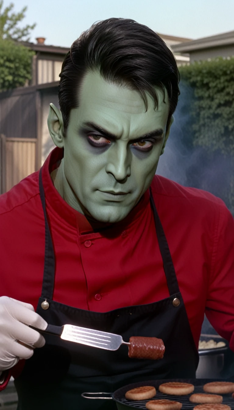 A 40-year-old man on the barbecue in your backyard wearing a red blouse, alien green skin color, full dark sclera eyes, thin chin, (((white hair))) with a high quiff and back with gel and short sides, thin nose