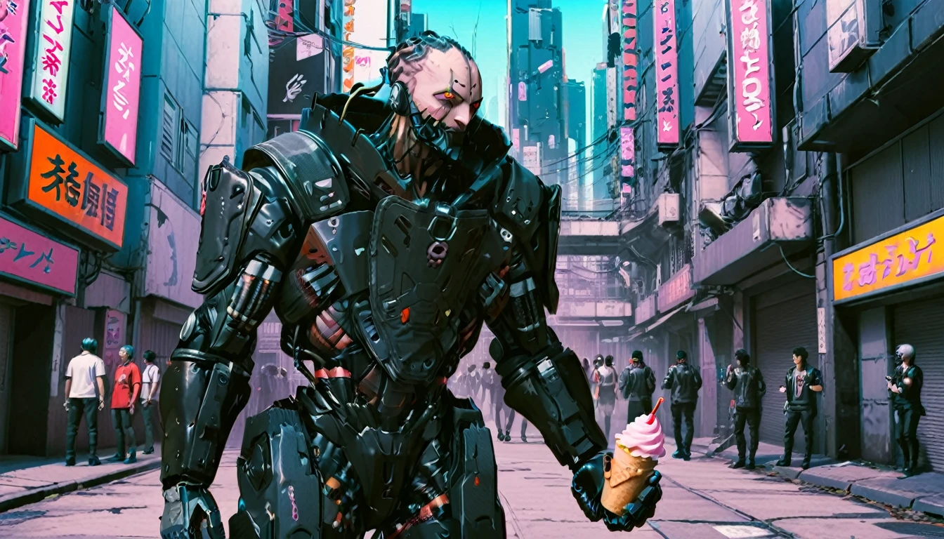 score_9, score_8_up, score_7_up, source_anime, adam smasher from cyberpunk, walking, cyberpunk city, drinking icecream