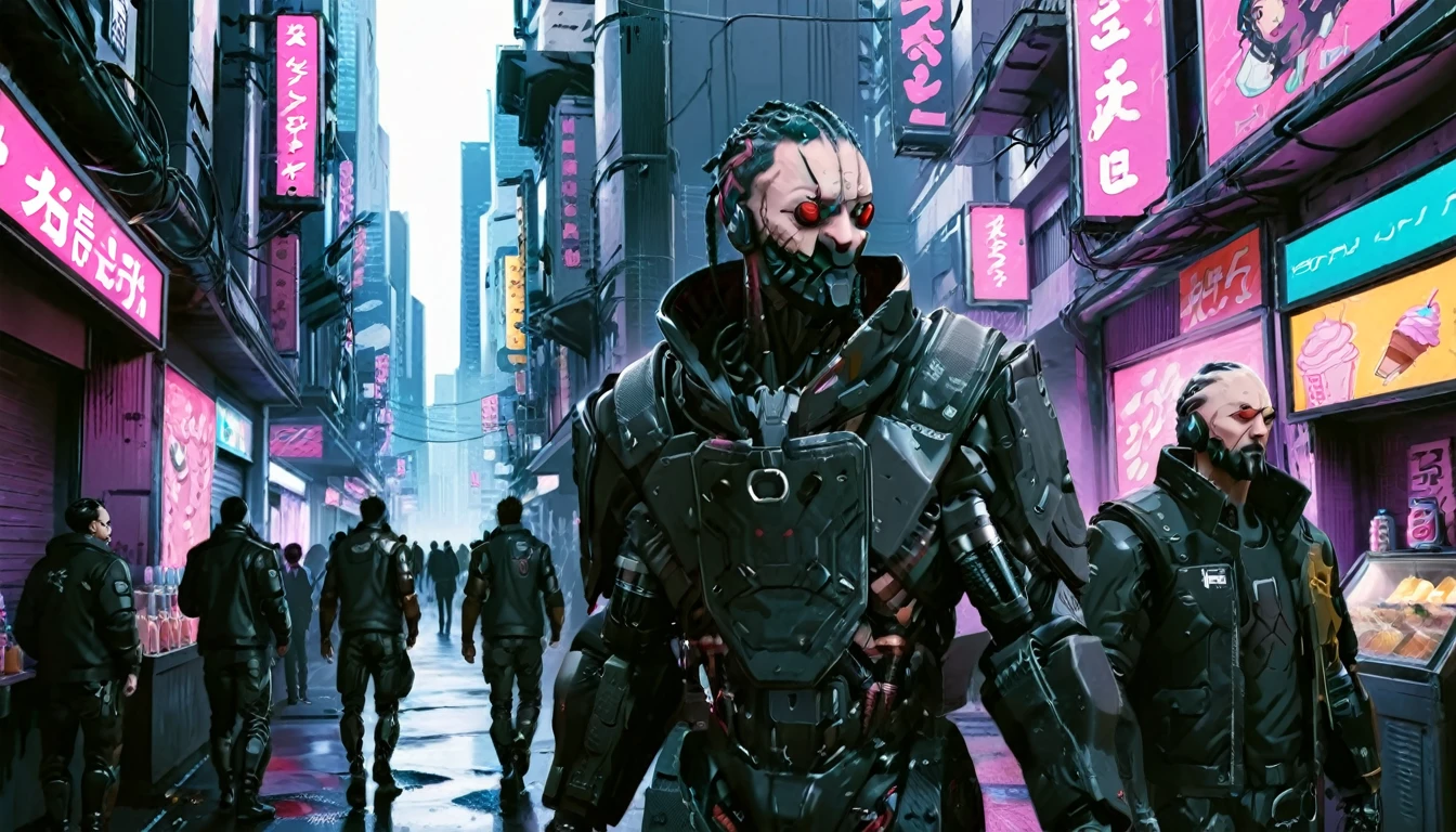 score_9, score_8_up, score_7_up, source_anime, adam smasher from cyberpunk, walking, cyberpunk city, drinking icecream