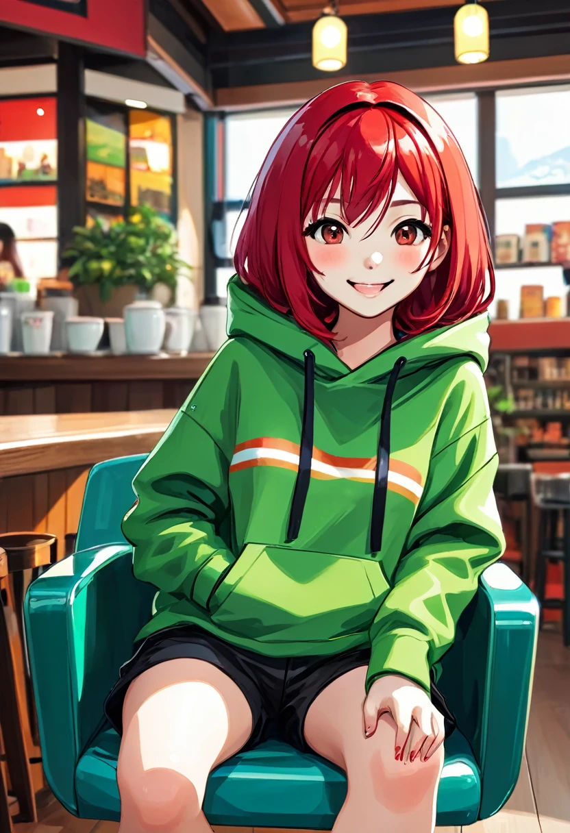 Pretty asian woman, bright red hair, black shorts and a green hoodie, cute, sitting in a big chair. Anime style, coffee shop environment, pretty smile