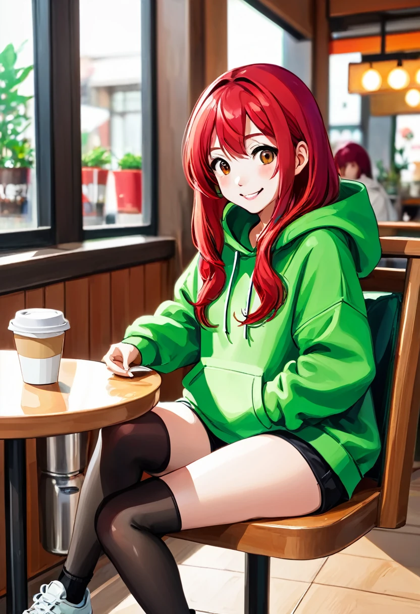 Pretty asian woman, bright red hair, black shorts and a green hoodie, cute, sitting in a big chair. Anime style, coffee shop environment, pretty smile