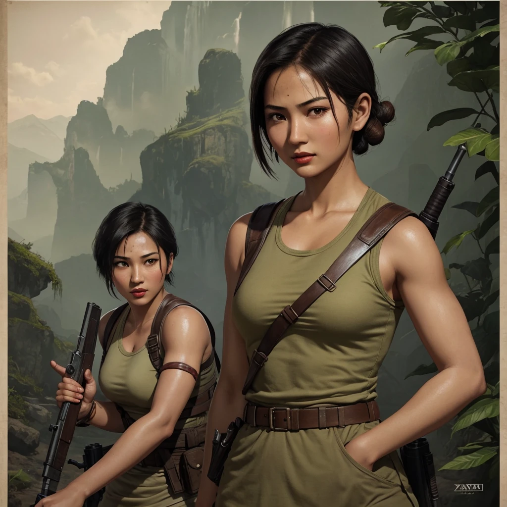 1 girl, asian lara croft, short hair, 1940s poster, simple art