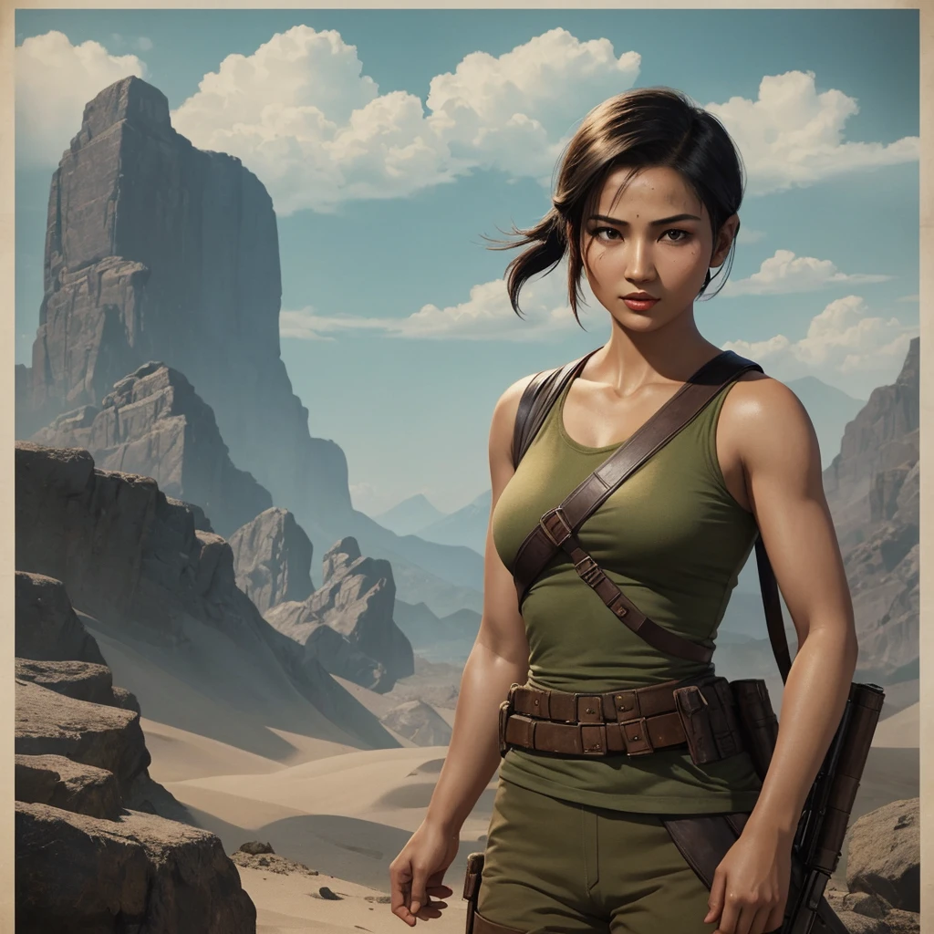 1 girl, asian lara croft, short hair, 1940s poster, simple art