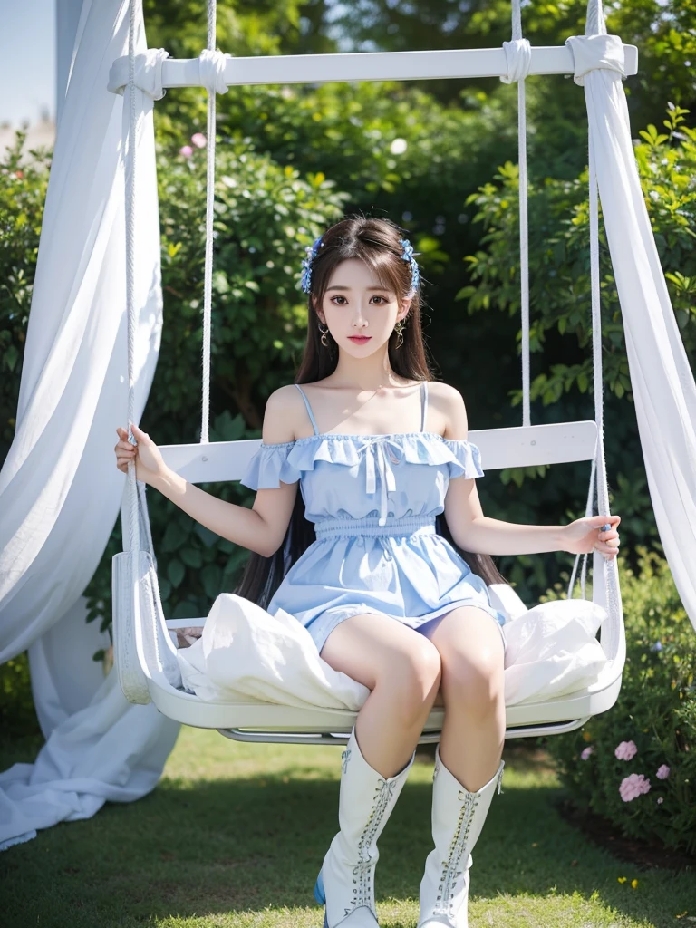 Beautiful woman wearing a blue sky and white mini dress with decorations on the shirt and visible shoulders and wearing boots and being photographed with a white background And And he was on the grass which was beautiful and filled with white flowers , Korean style swag, beautiful face so gorgeous, Beautiful eyes, y2k style