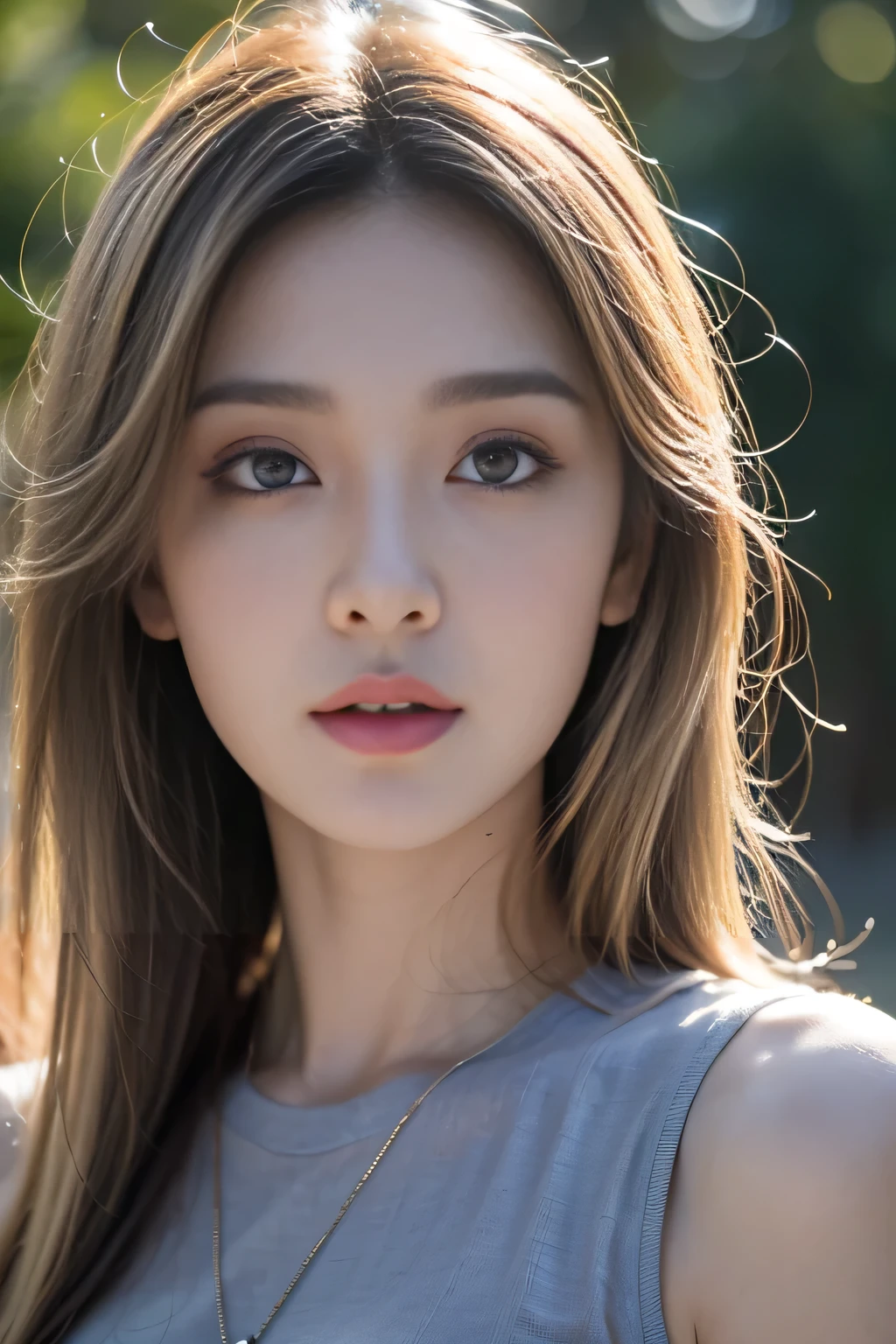 Close-up portrait, Sexy SS blonde hair, parted Lips, Lips, Casual wear, Looking at the audience, Forest Background, Sunset Lights, Practical