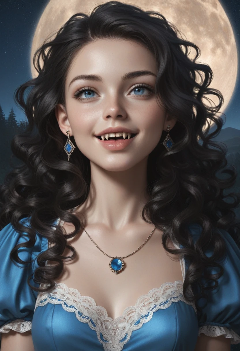 score_9, score_8_up, score_7_up, score_6_up, rating: safe, 1girl, solo, (black_hair:1.5), wavy_hair, jewelry, dress, blue_eyes, earrings, (long_hair:1.5), looking_at_viewer, curly_hair, upper_body, lips, lace, blue_dress, (night:1.3), cxqz8r, medieval_dress, medieval_landscape, fullmoon, rpg, (rape_face:1.3), narrow_waist, (skinny:1.3), (pale_skin:1.2), open_mouth, parted_lips, (oral_invitation:1.2), (fangs:1.4), (torogao:1.2), fingersmile

