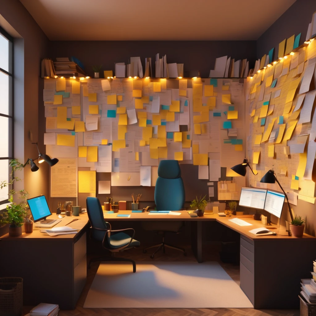 10 foot long paper form with a ton of infor and spots to fill in. dark cluttered Office environment.