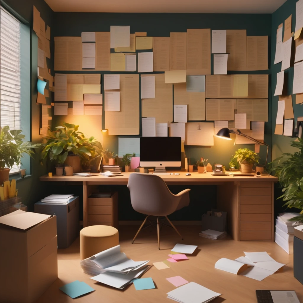 10 foot long paper form with a ton of infor and spots to fill in. dark cluttered Office environment.