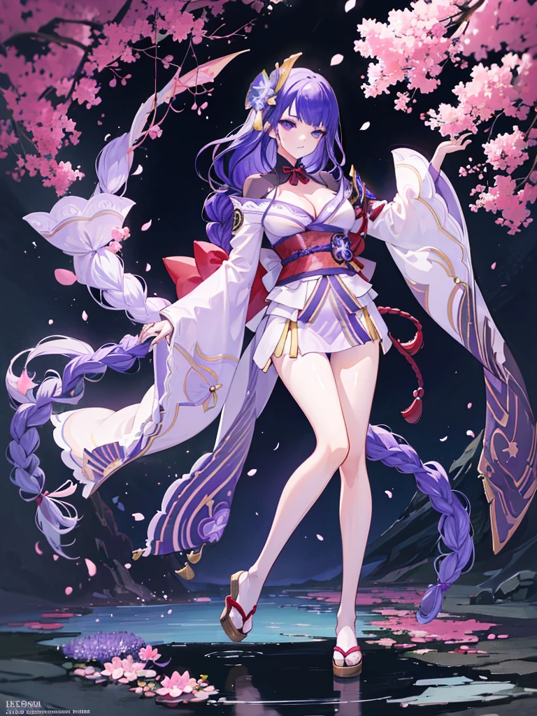 ((Full body image:1.4))Japanese Shrines, (Highest quality,Realistic,masterpiece:1.2,8k wallpaper:1.2),((Pale skin)),One Girl,women only,((raidenshogndef))((Genshin Impact,General Raiden)),Lightning Particles,Purple Lightning,Light background,cherry blossoms,Purple Theme,Delicate facial features,Sexy and beautiful anime girls,General Raiden,Long purple hair,Rosy lips,Anime Mouth,(Very sad face),large breasts, Beautiful cleavage,Slender figure、Thin legs