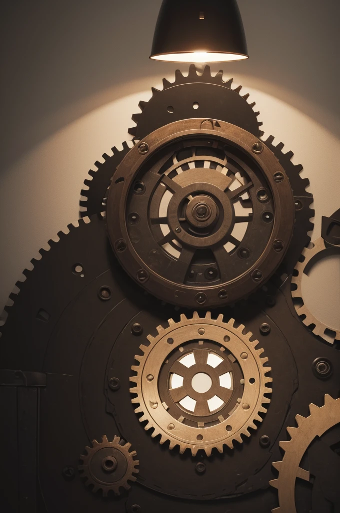 create a flag with gears on the right side as a background with the large letter I in the center and other gears on the left side, and a lamp at the bottom right