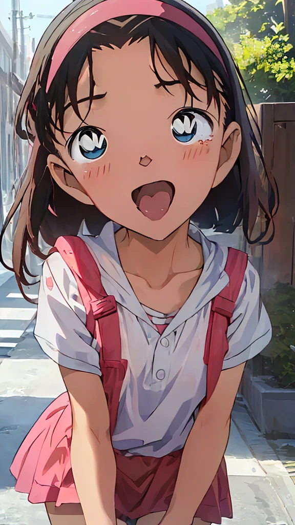 Browsing Caution、（Large Breasts：1.5）(((Pink Panties）））,
Yoshida Ayumi,One girl，10 years old、Brown Hair，short hair，，blue eyes、Red headband、Show Viewer，Japanese-made backpacks for elementary school students，Short sleeve，Blush and laugh、blush，in doors, clavicle，door、blue sky，White cloud,outdoor、street、Burning a masterpiece,8k unity wallpaper、Anime key visual、Highest quality，High resolution，Unity 8k wallpaper shape:0.8),Anime Coloring,highly Detailed face、Fine grain、Growing Eyes、Shiny skin、Fine skin、White skin、dense skin、Detailed Hair、Very elaborate legs、Perfect lighting，Detailed CG,Detailed skin、Detailed face、Fine grain、Glowing Eyes、dense skin、Shiny skin、(Perfect hands，Perfect Anatomy）,High resolution（Detailed Friction）,Thin limbs，Delicate curves、Graceful Hands、shape:0.8、Open your mouth wide、Extend tongue from mouth、Put your hands over your mouth、Close-up of face、The camera is very close to your face、A very long tongue hangs out of the mouth、Very close to the face、blush、Watery eye、A lot of saliva dripping from the tongue、A lot of saliva dripping from the tongue、The eyeball turns upward and the whites of the eyes become more prominent、Very excited state、Erect nipples、long tongue comes out、My whole body was soaked、Watery eye