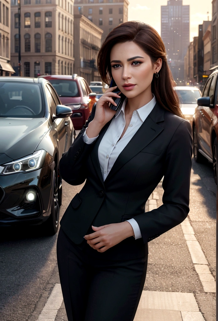 A beautiful professional business woman talking on a mobile phone, detailed facial features, elegant formal business attire, city street background with cars and buildings, (best quality,4k,8k,highres,masterpiece:1.2),ultra-detailed,(realistic,photorealistic,photo-realistic:1.37),intricate details,highly detailed,cinematic lighting,vibrant colors,elegant,dynamic pose,shallow depth of field