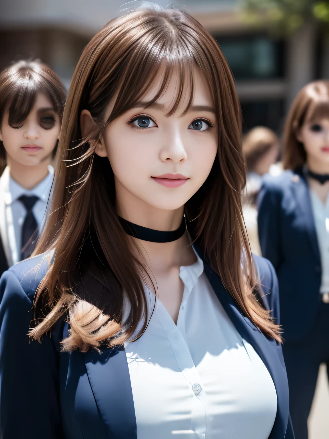 ((Highest quality, 8K, Representative works in detail, Ultra-high resolution)), (Looking at the audience), ((Female employees and other employees sitting and talking at Glass Square)), Attractive woman, ((Big Breasts)),  smile, ((Black Choker)), Slim figure, (blue eyes), Long eyelashes, bangs, Beautiful shiny brown hair, Nogizaka idol, Slim face、((suit))、Dependents、Female employees、Glass Square、blue sky、((Chatting３people、During a break))
