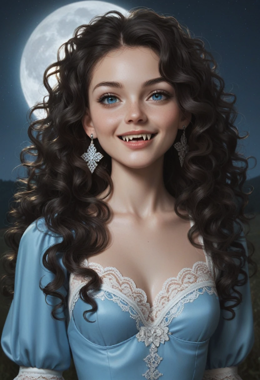 score_9, score_8_up, score_7_up, score_6_up, rating: safe, 1girl, solo, (black_hair:1.5), wavy_hair, jewelry, dress, blue_eyes, earrings, (long_hair:1.5), looking_at_viewer, curly_hair, upper_body, lips, lace, blue_dress, (night:1.3), cxqz8r, medieval_dress, medieval_landscape, fullmoon, rpg, (rape_face:1.3), narrow_waist, (skinny:1.3), (pale_skin:1.2), seductive_smile, (fangs:1.4), (torogao:1.2)