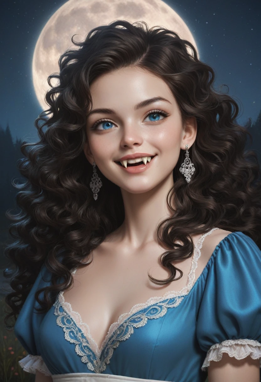 score_9, score_8_up, score_7_up, score_6_up, rating: safe, 1girl, solo, (black_hair:1.5), wavy_hair, jewelry, dress, blue_eyes, earrings, (long_hair:1.5), looking_at_viewer, curly_hair, upper_body, lips, lace, blue_dress, (night:1.3), cxqz8r, medieval_dress, medieval_landscape, fullmoon, rpg, (rape_face:1.3), narrow_waist, (skinny:1.3), (pale_skin:1.2), seductive_smile, (fangs:1.4), (torogao:1.2)

