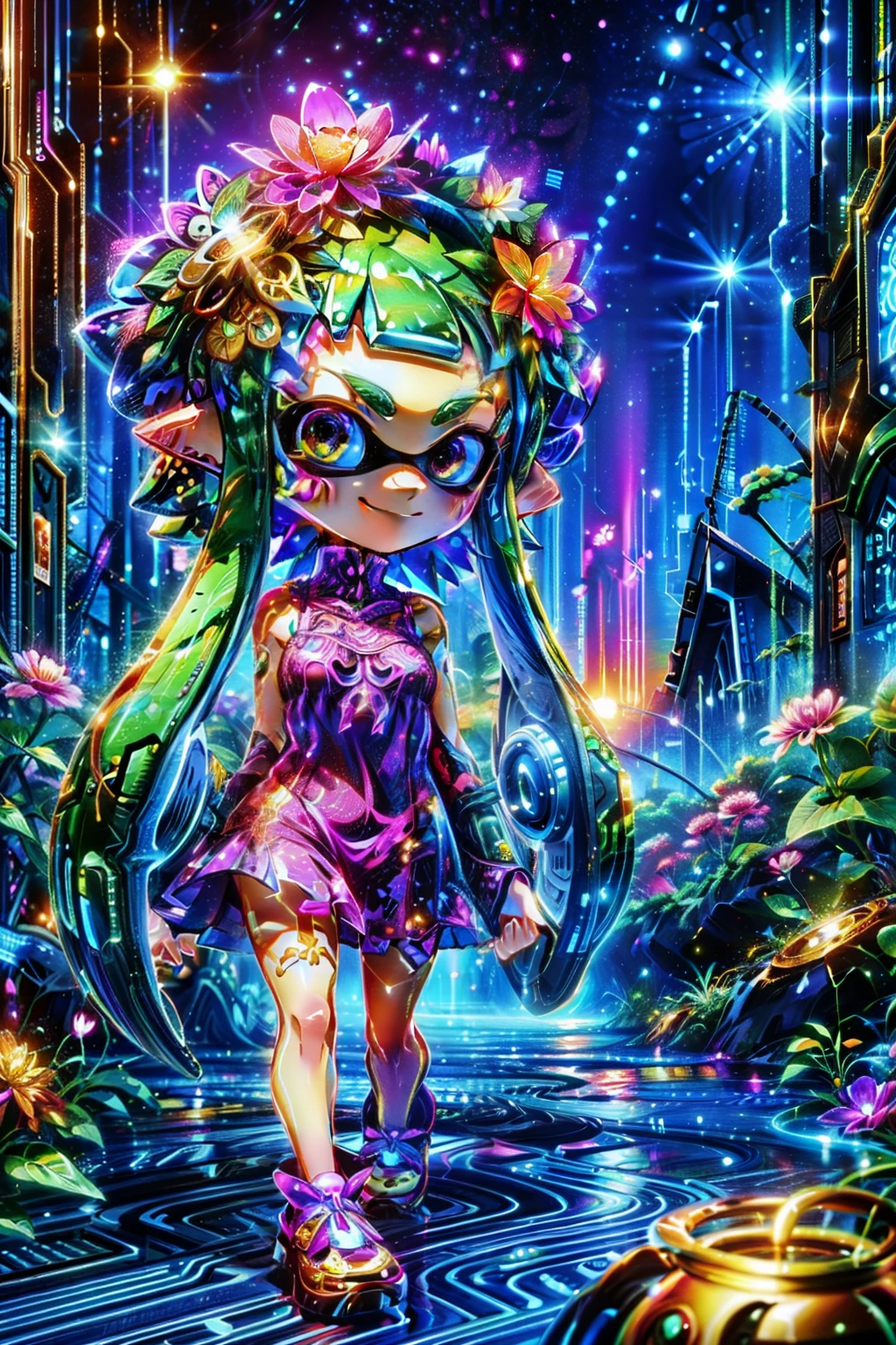 (Shine:1.1),Fantasy,colorful,Watercolor illustration of a dreamy Splatoon girl in a sundress,Walking through a wildflower field at sunset, Glowing tentacle hair、Shine金色の瞳、A kind smile、Anime style portrait of a age girl,
Highest quality,masterpiece,Ultra-high resolution,Cybosenrin, Real Anime、3d、