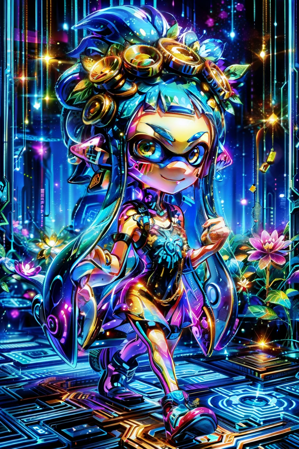 (Shine:1.1),Fantasy,colorful,Watercolor illustration of a dreamy Splatoon girl in a sundress,Walking through a wildflower field at sunset, Glowing tentacle hair、Shine金色の瞳、A kind smile、Anime style portrait of a age girl,
Highest quality,masterpiece,Ultra-high resolution,Cybosenrin, Real Anime、3d、