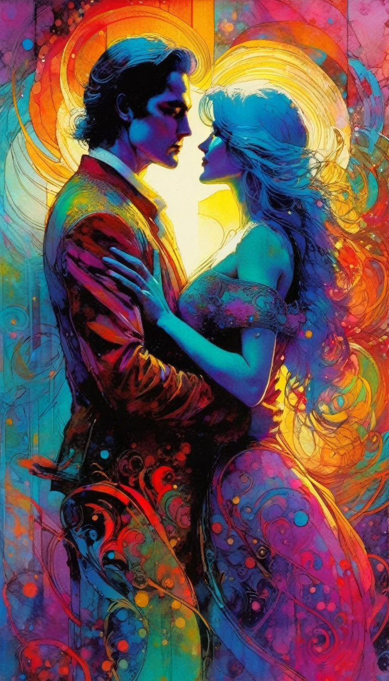 the lovers, artwork inspired by Bill Sienkiewicz, vivid colors, intricate details, oil.