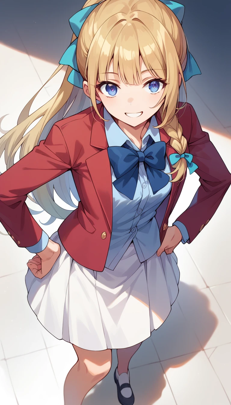 masterpiece, best quality, highres, ponytail hair, (single braid:1.2), hair ribbon, red blazer,buttoned blazer, blue bowtie, long sleeves, white skirt, standing put hands on hip,smile,from above, in cosmetic shop