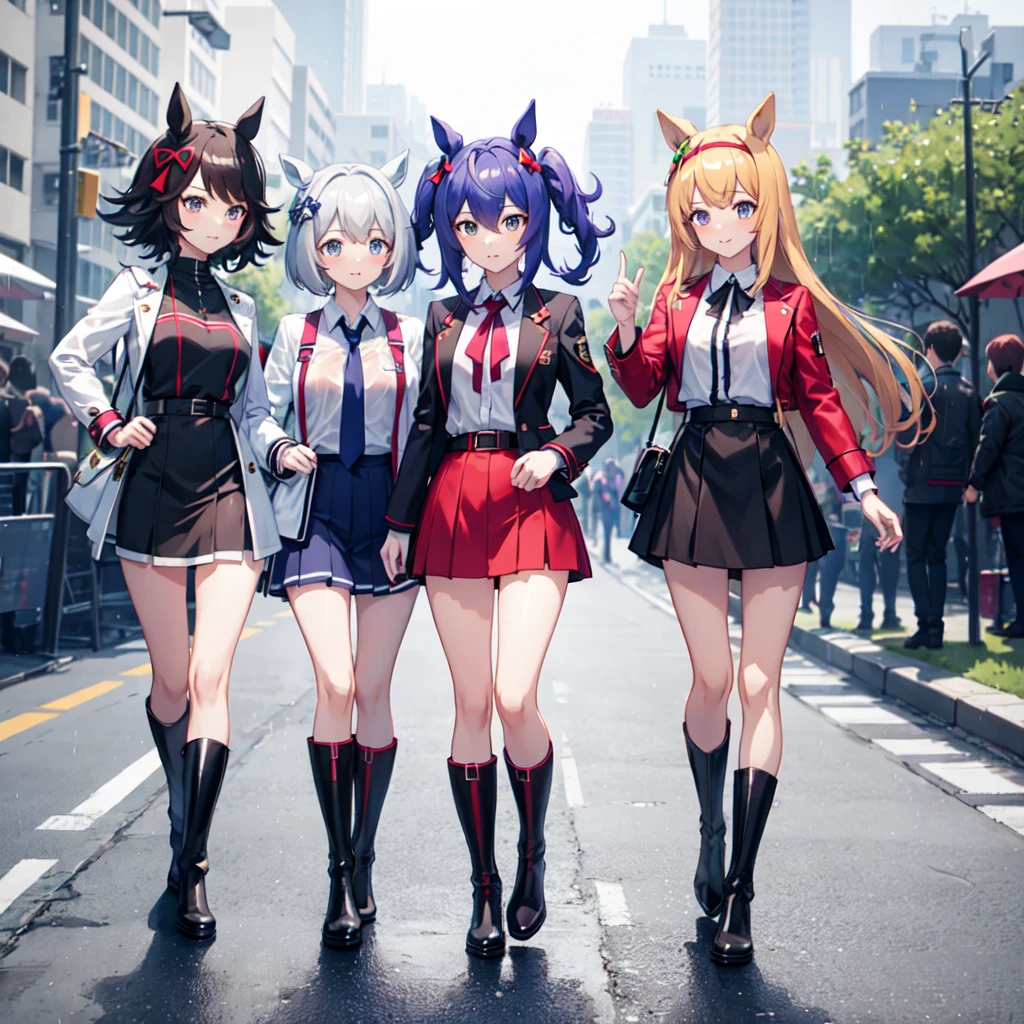 Three girls(umamusume)
Wearing rain boots,and over knee high boots
(high quality),(8K),