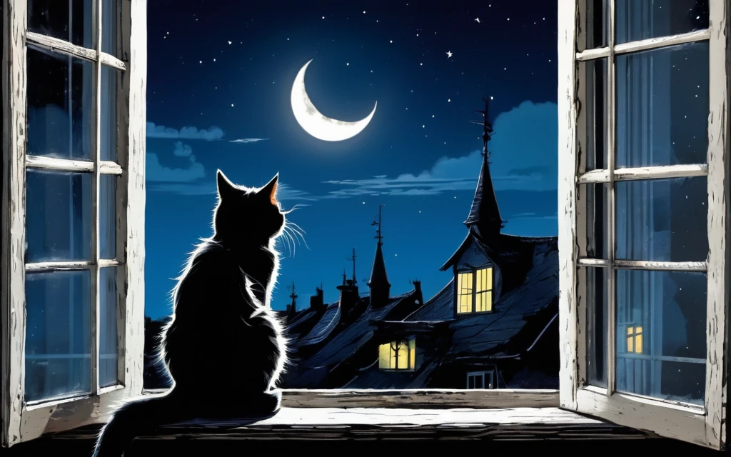 Cat sitting in the window looking to the moon, tim burton cartoon style