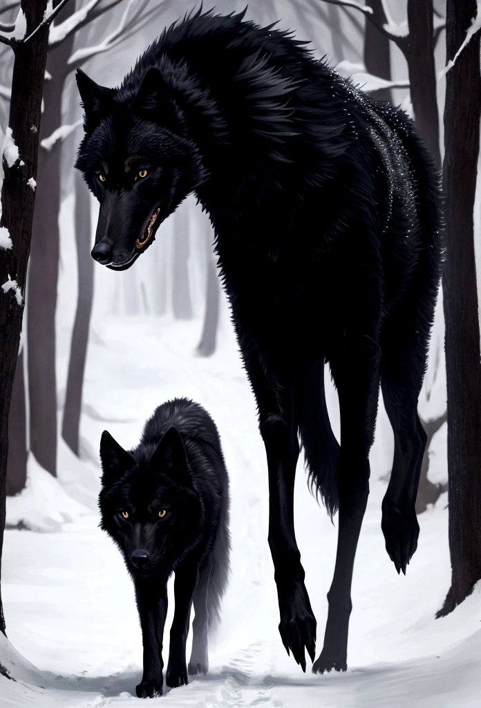 black wolf, walking backwards but looking forward