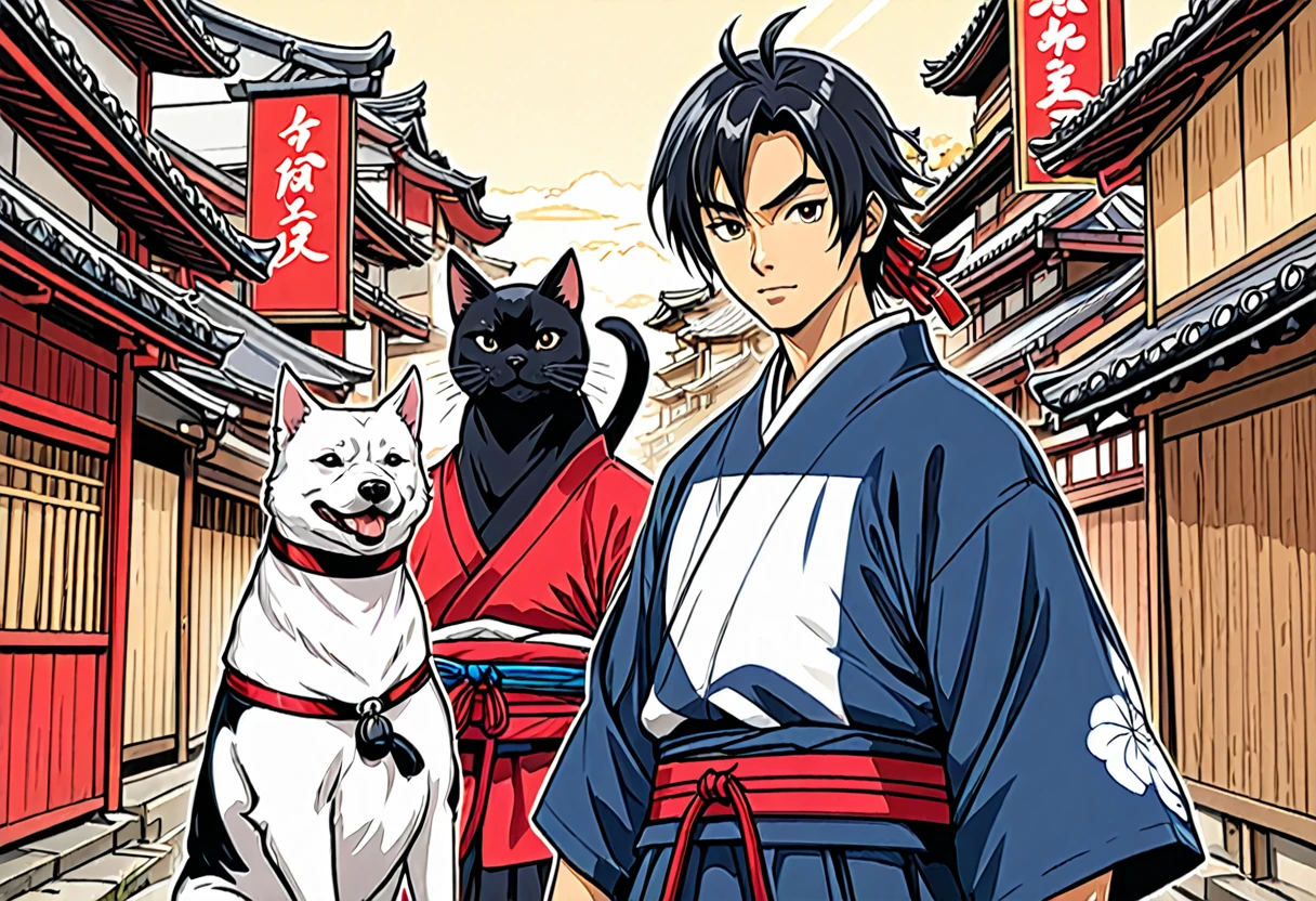 arte em tinta fina, comic style, portrait of japan, and cat ninja and Samurai dog terrier, Glamour de Osaka, bela arte de linha, comic style, manga style, manga art style, pencil and ink caricature drawing, coloring, , other positions, corpo inteiro. Japan Background, Samurai dog terrier and cat ninja, desenho colorido. Old japan sity in background