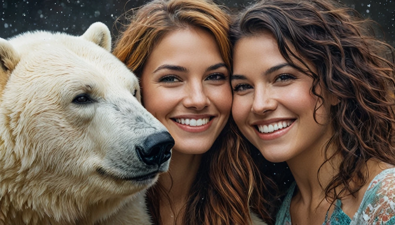 half  body,
a woman smile  with her best friend her Polar Bear,
dark complex background, style by Thomas Kinkade+David A. Hardy+Carne Griffiths+Mandy Disher half vivid colors fine art, best quality, high detailed, detailed faces, 2d,