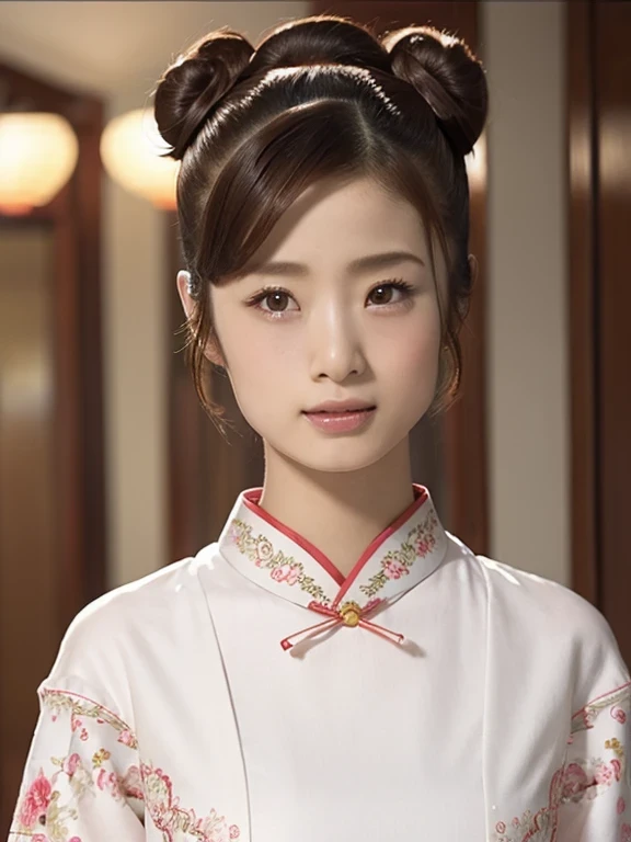 (high quality, High resolution:1.2), (Realistic:1.4), (1 Girl:1), Traditional Chinese Dresses,  (Charming monkey:1), (((Double Buns))), Refer your audience, Lesbians all over, palace, corridor, ((Fringe cover)), Blunt bangs