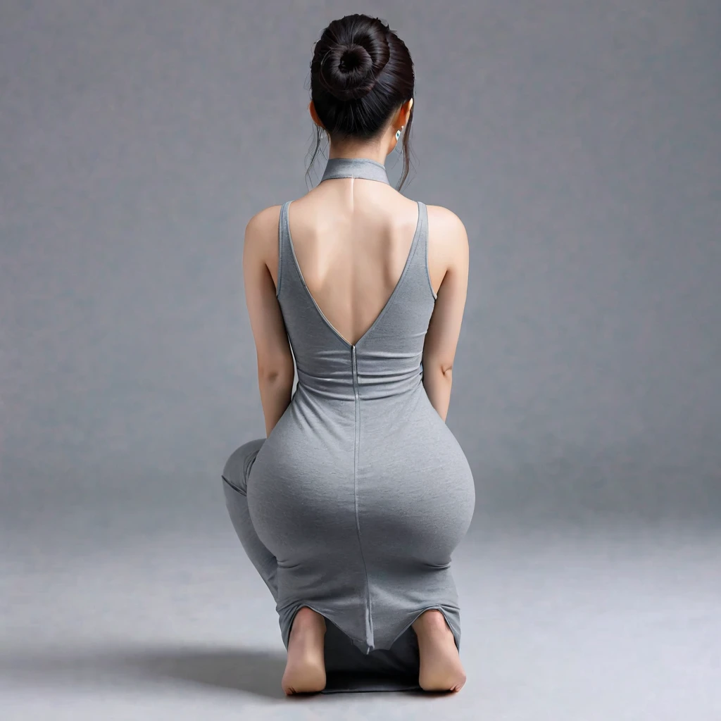 Realistic, high quality, Chinese woman wearing a maxi bodycon dress, cotton dress, squatting down,rear view