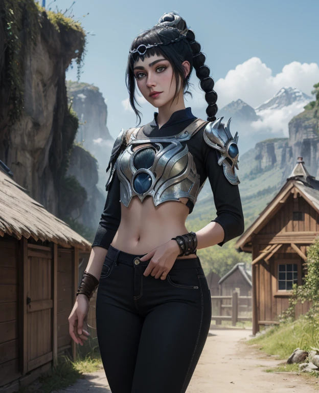 (masterpiece, best quality), 1girl, shadowheart, black hair, braided ponytail, green eyes, circlet, black pants, closeup, sketch, looking at viewer, ((green eyes)),(fantasy village on background),