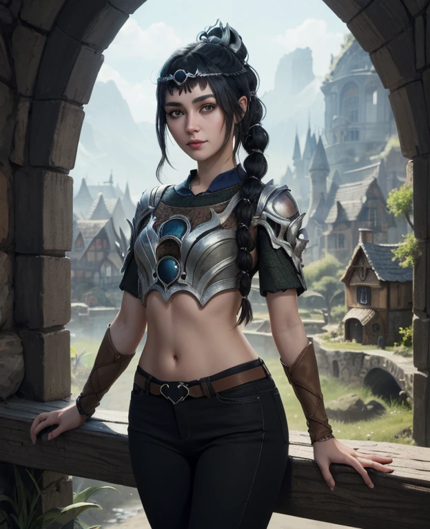 (masterpiece, best quality), 1girl, shadowheart, black hair, braided ponytail, green eyes, circlet, black pants, closeup, sketch, looking at viewer, ((green eyes)),(fantasy village on background),