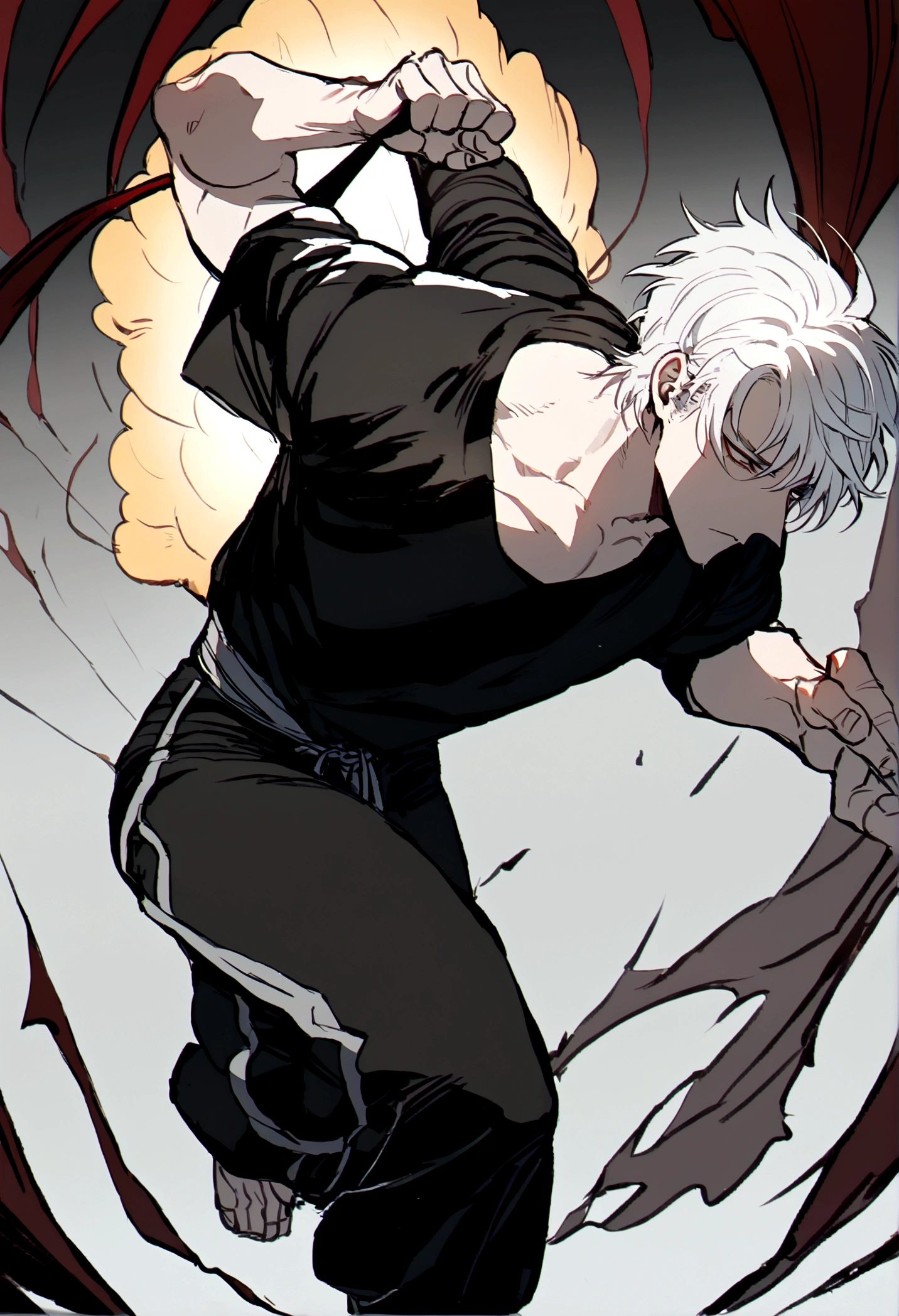 male boy white hair, black t-shirt, kung fu pants, dynamic pose, carrying a rock hanging from his back