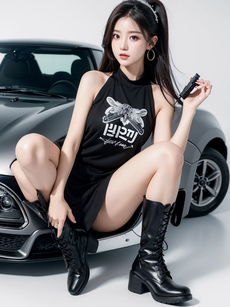 Beautiful woman wearing a black grey mini dress with decorations on the shirt and visible shoulders and wearing boots and being photographed with a white background Dan was on top of the car holding a gun, Korean style swag, beautiful face so gorgeous, Beautiful eyes, y2k style