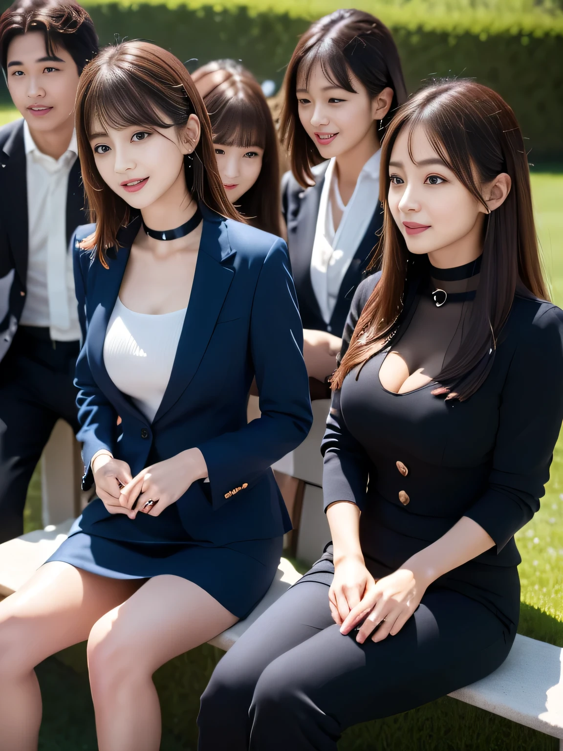 ((Highest quality, 8K, Representative works in detail, Ultra-high resolution)), (Looking at the audience), ((Female employees and other employees sitting and talking on the grass)), Attractive woman, ((Big Breasts)),  smile, ((Black Choker)), Slim figure, (blue eyes), Long eyelashes, bangs, Beautiful shiny brown hair, Nogizaka idol, Slim face、((suit))、Dependents、Female employees、Grass Square、blue sky、((Chatting３people、During a break))
