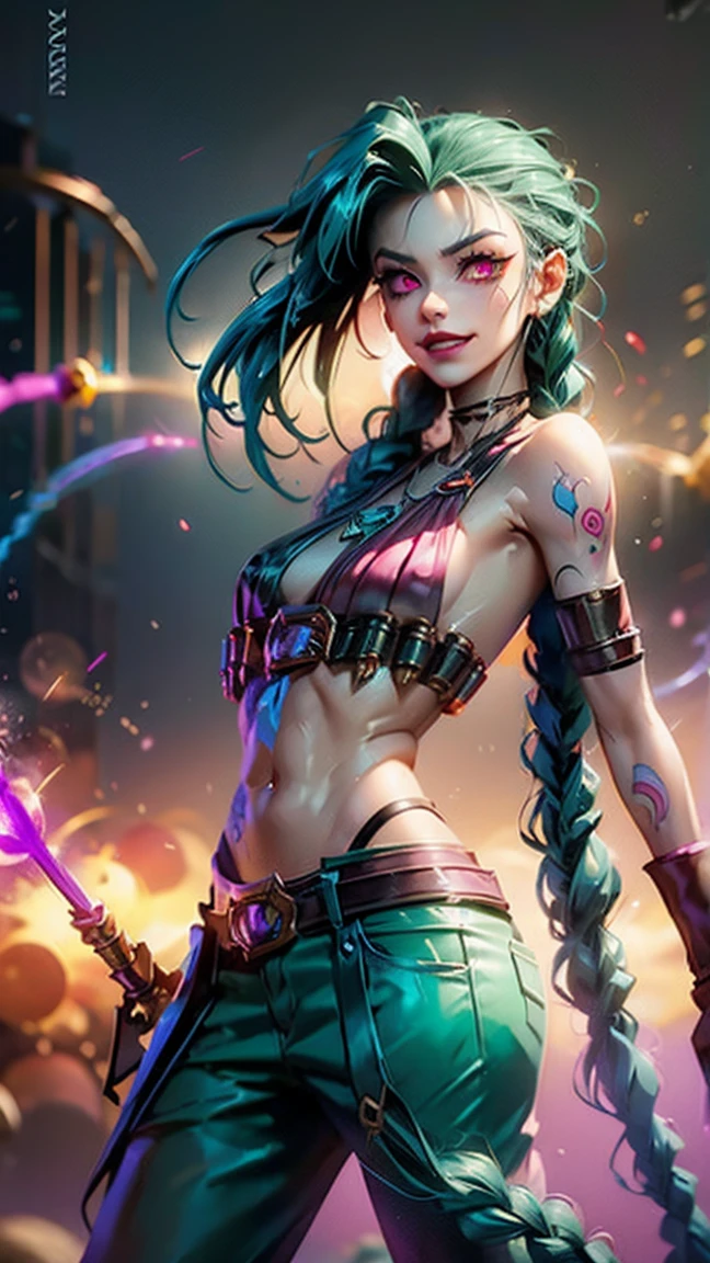 jinx arcane, uma mulher com hair green e tatuagens, cyberpunk woman anime woman, pants, Beautiful angry cyberpunk goddess, cyberpunk artstyle, cyberpunk anime digital art, cyberpunk anime art, Arcane Jinx Retrato, cyberpunk anime art, cyberpunk themed art, cyberpunk dark fantasy, arcane style, 1 girl, stars tattoo on arm, asymmetrical bangs, range, hair green, Green braids, brown shirt, stars tattoo, sideways, hair green, long hair, pink eyes, Red lips, standing , cloud tattoo, twin braids. Arcane Jinx. Garota de hair green, garota de twin braids, Jinx in a burning place, Spark, spheres of light, movie poster, Jinx, Arcane\(league of legends\