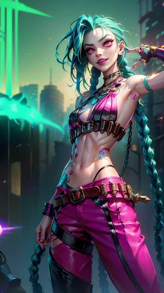 jinx arcane, uma mulher com hair green e tatuagens, cyberpunk woman anime woman, pants, Beautiful angry cyberpunk goddess, cyberpunk artstyle, cyberpunk anime digital art, cyberpunk anime art, Arcane Jinx Retrato, cyberpunk anime art, cyberpunk themed art, cyberpunk dark fantasy, arcane style, 1 girl, stars tattoo on arm, asymmetrical bangs, range, hair green, Green braids, brown shirt, stars tattoo, sideways, hair green, long hair, pink eyes, Red lips, standing , cloud tattoo, twin braids. Arcane Jinx. Garota de hair green, garota de twin braids, Jinx in a burning place, Spark, spheres of light, movie poster, Jinx, Arcane\(league of legends\