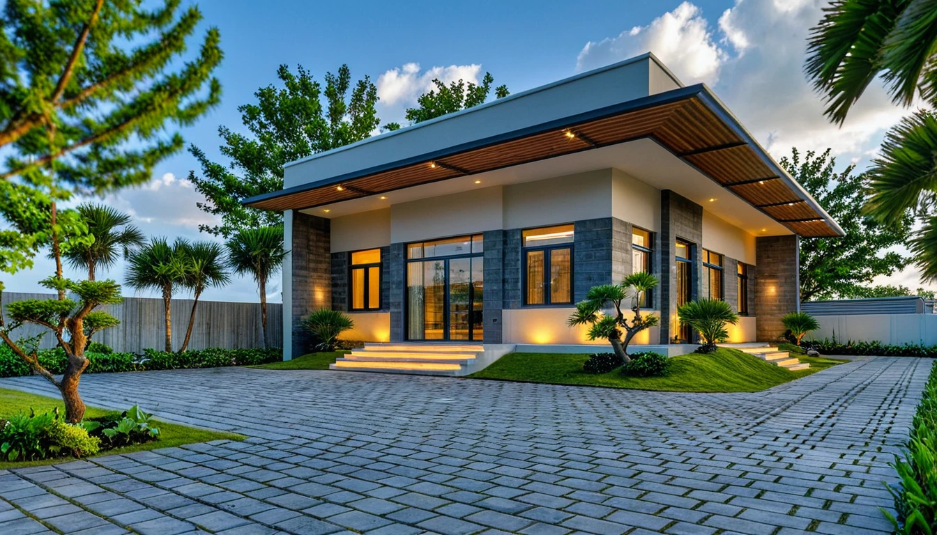 Masterpiece, high quality, best quality, authentic, super detail, outdoors, onestoreyvillaXL, aiaigroup, house style modern on the street ,stairs, white wall ,road,pavement, grass, trees, sky, cloud, (nightlight:1.1)