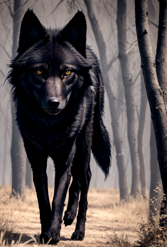 black wolf in the distance looking forward 